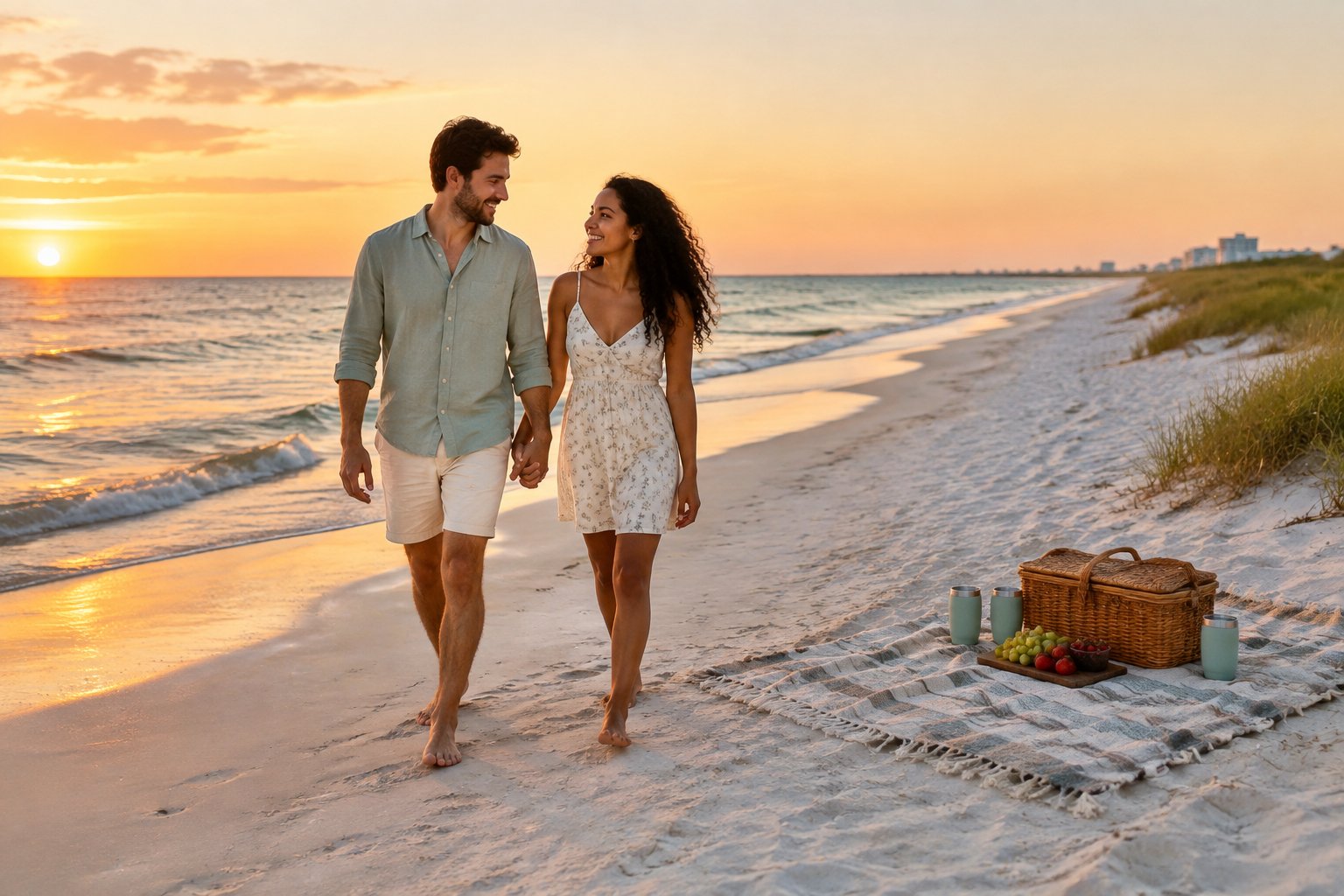 A couple holding hands and walking along a Gulf Shores beach at sunset beside a simple picnic setup.