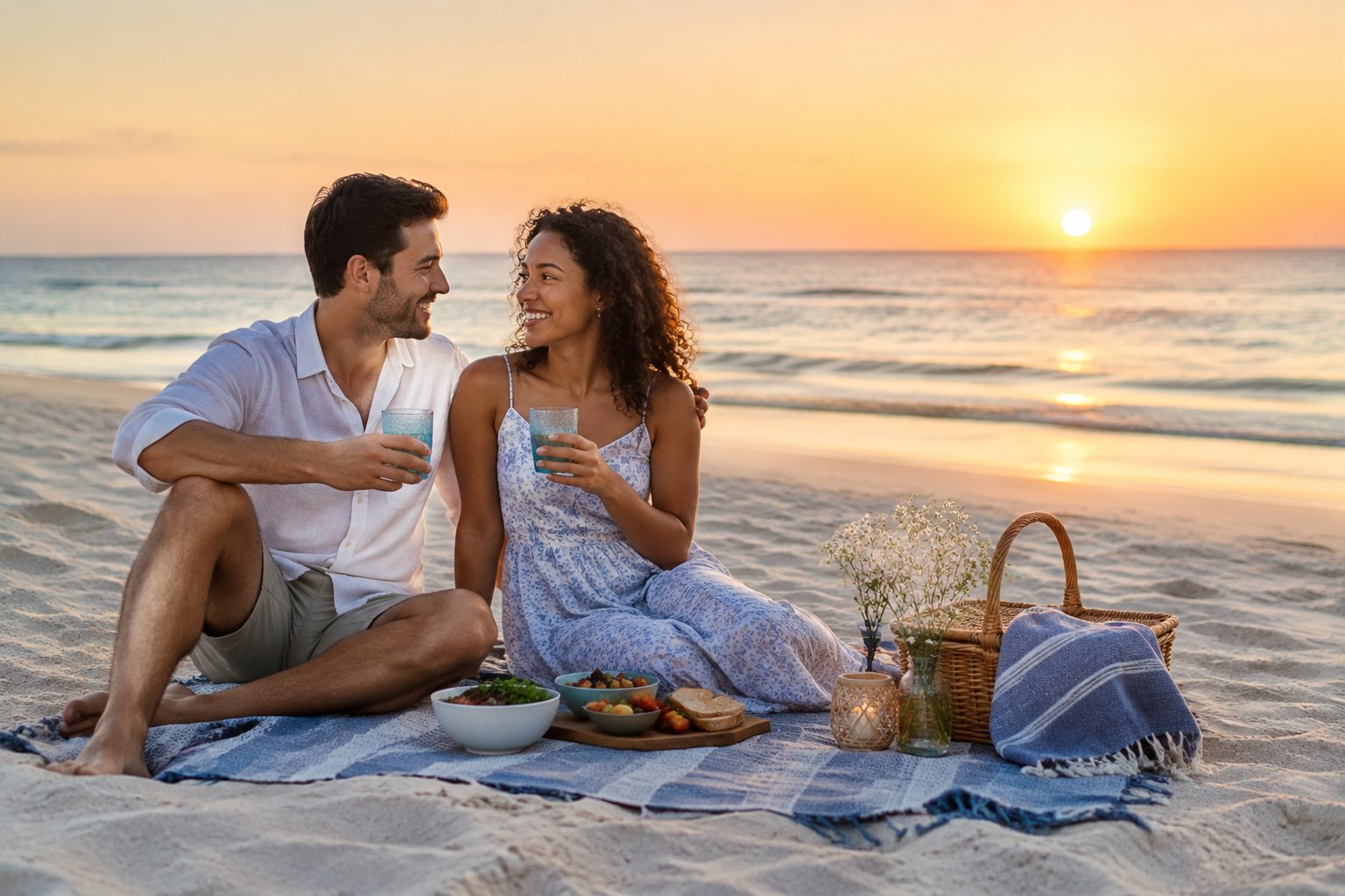 A newlywed couple enjoys a simple sunset picnic together on a Gulf Coast beach.