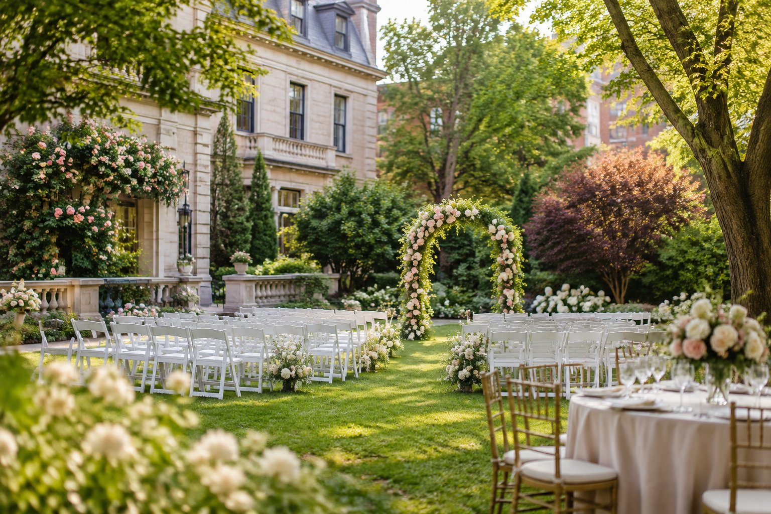 An elegant outdoor wedding ceremony setup in a lush garden with white chairs, flowers, and a floral arch.