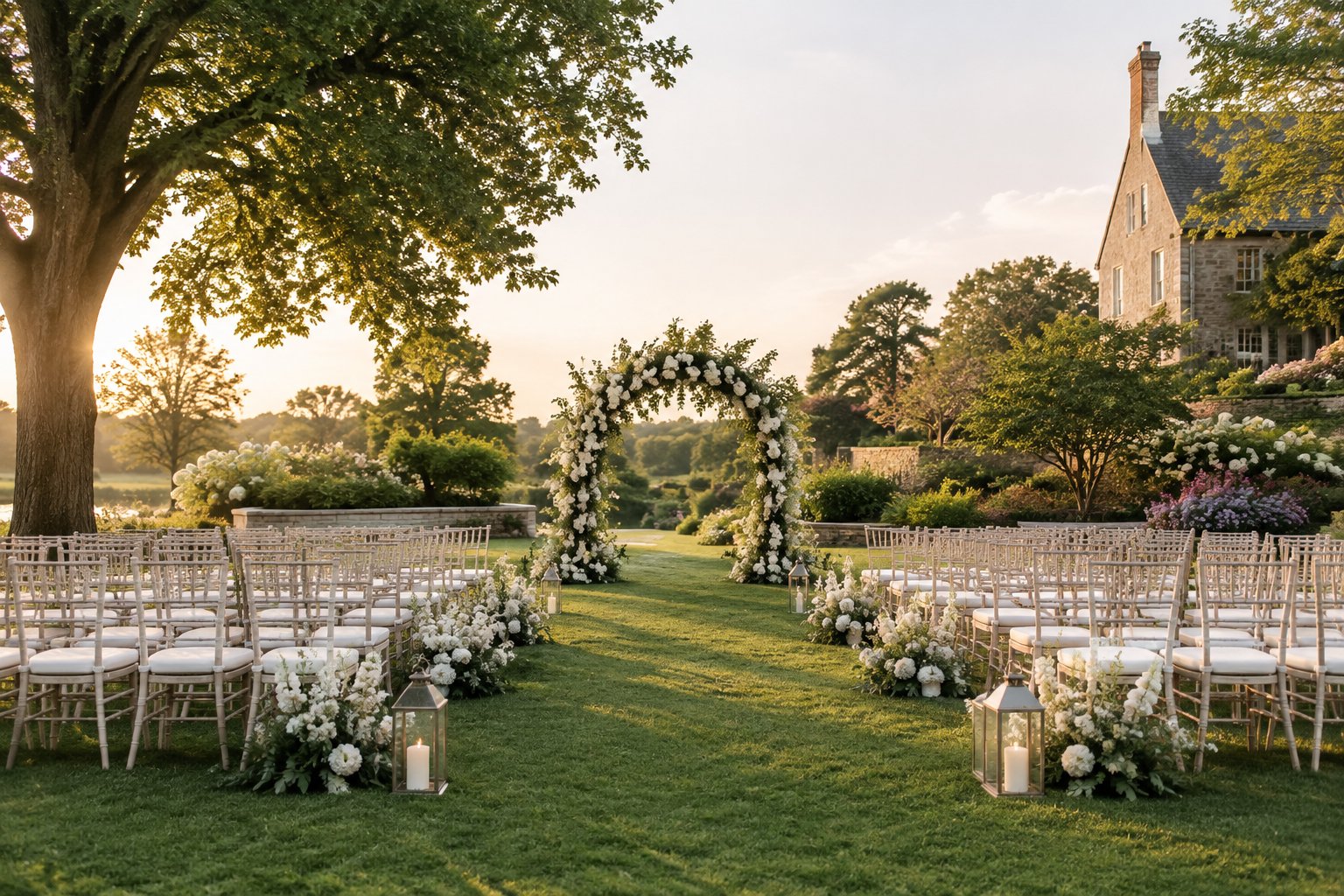 An elegant outdoor wedding ceremony set in a lush garden with a floral arch and rows of chairs.