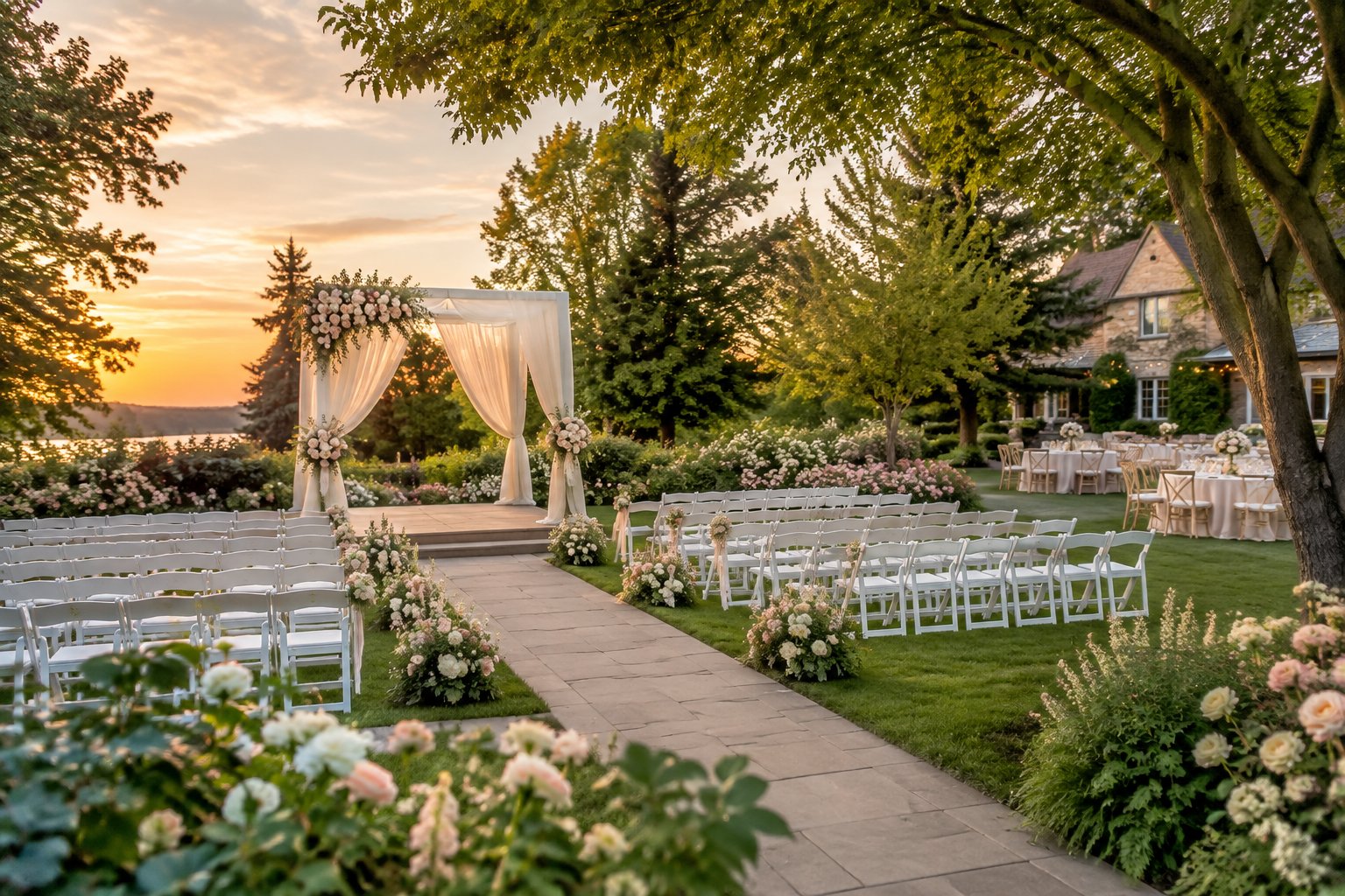 A landscaped garden wedding venue with floral arrangements, ceremony chairs, and an elegant reception area.