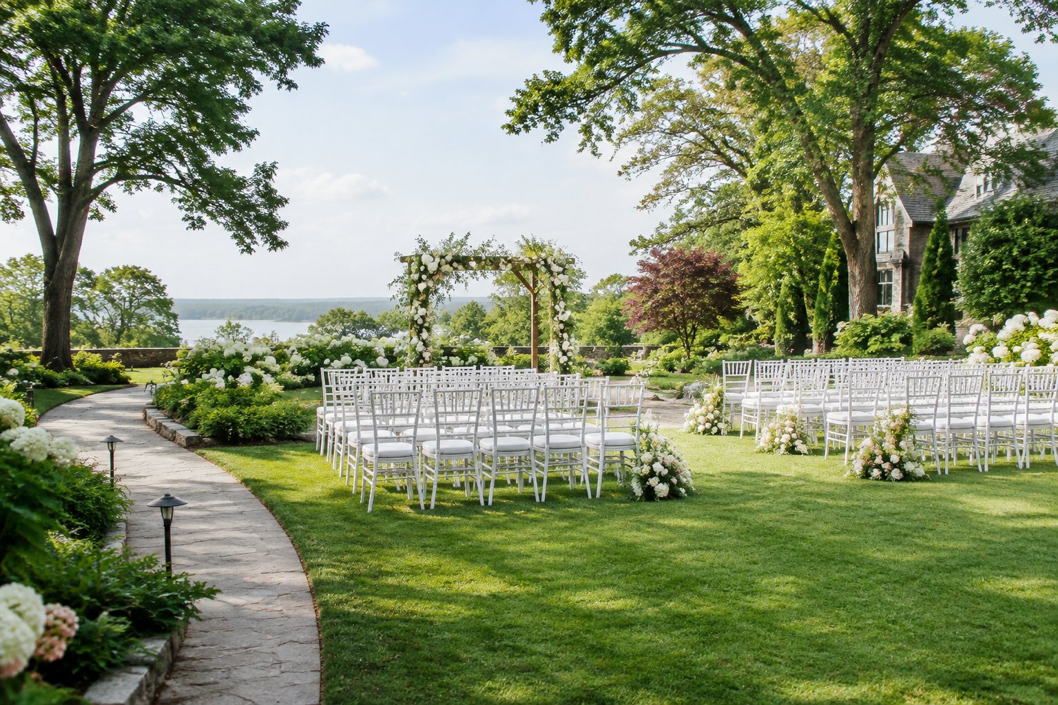 A landscaped garden ceremony space with a floral arbor, white chairs, and a central aisle on a sunny lawn.