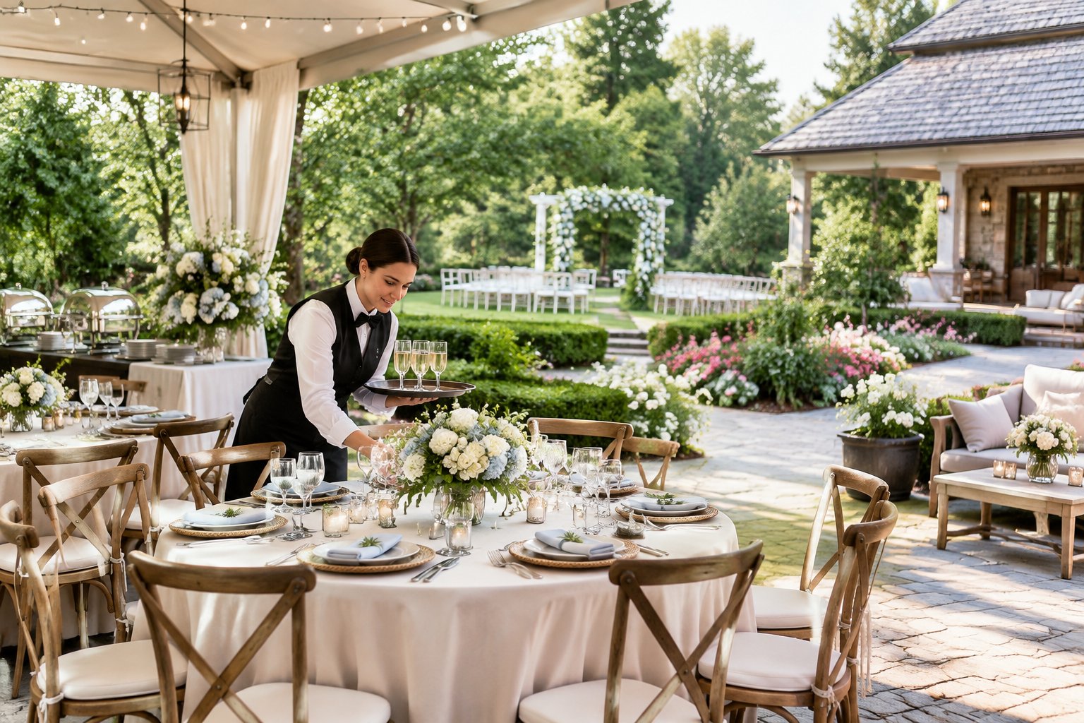 An elegant outdoor wedding reception set in a lush garden venue with decorated tables, floral arrangements, and catering service.