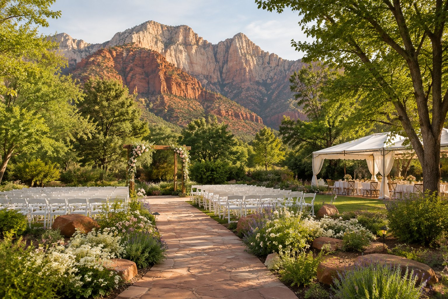 An elegant garden wedding venue with white chairs, floral decorations, greenery, and red sandstone cliffs in the background.