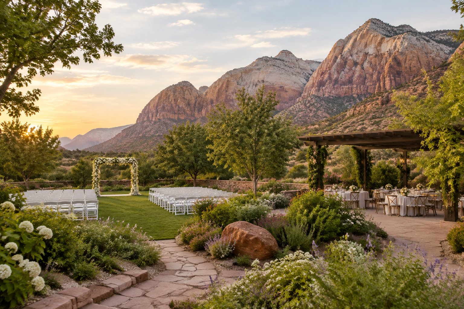 A landscaped garden wedding venue with white chairs, floral decorations, and red rock cliffs in the background.
