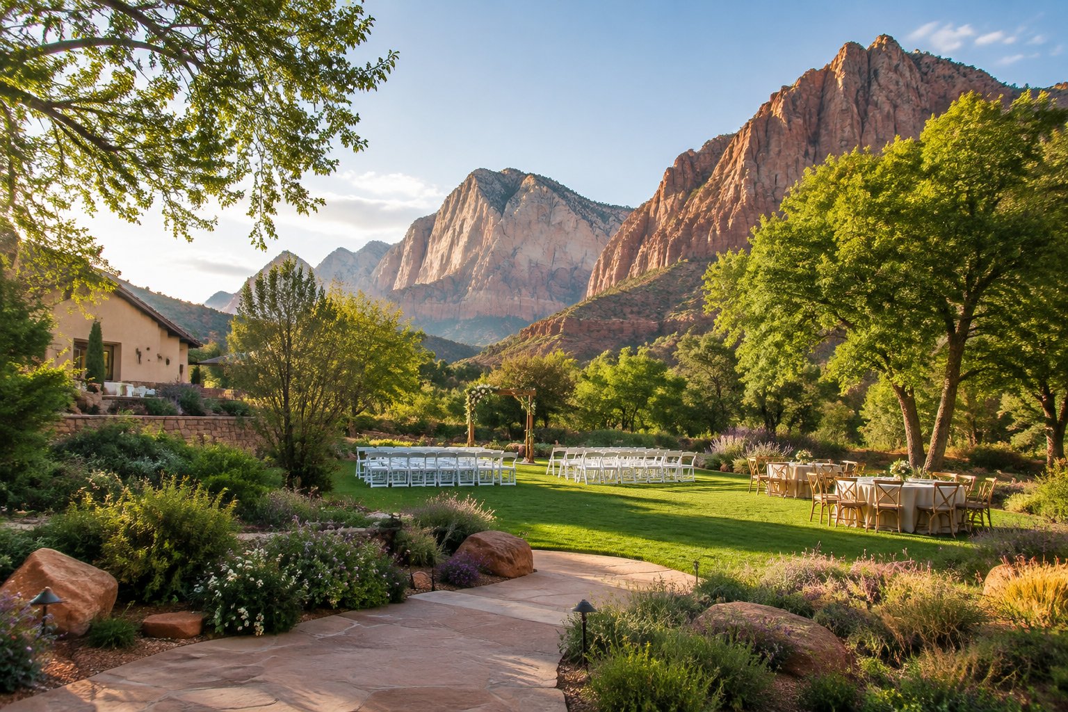 A landscaped garden wedding venue with outdoor ceremony seating set against Zion’s red sandstone cliffs.