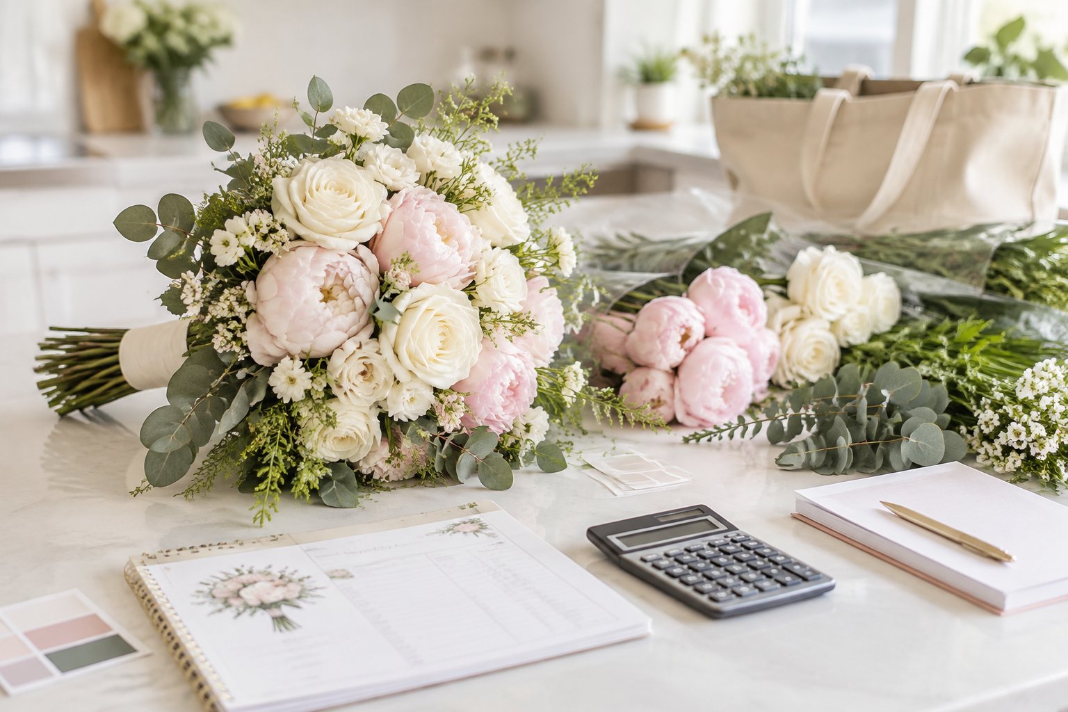 A wedding flower bouquet arranged beside a calculator, budget notes, and packaged floral supplies.
