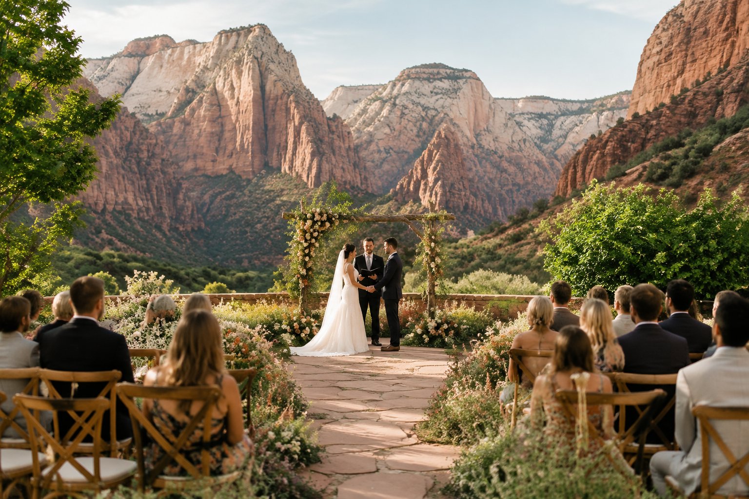 An outdoor wedding ceremony in a garden surrounded by Zion National Park’s red sandstone cliffs.