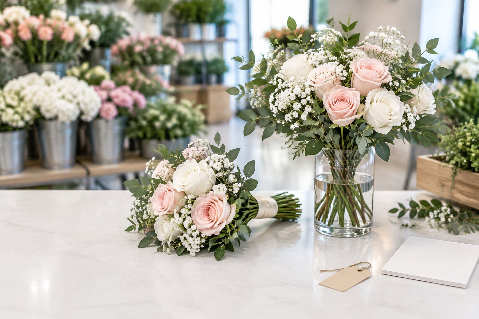 Wedding flowers arranged on a countertop beside a small bouquet and vase.
