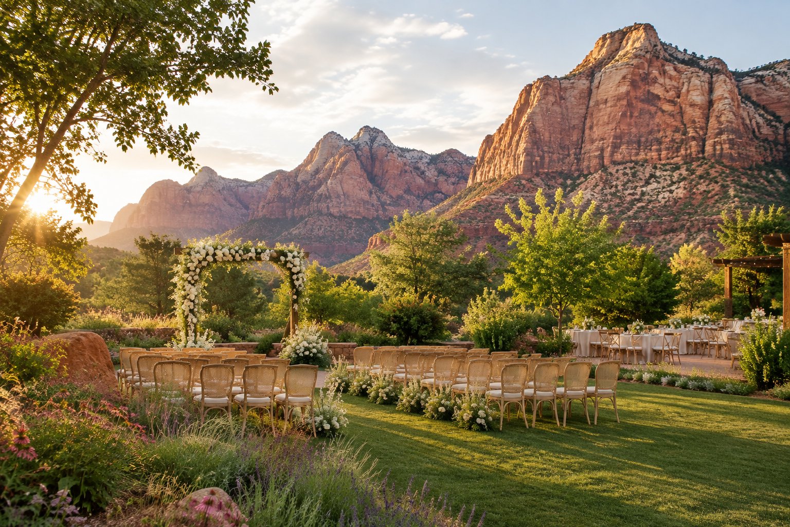 A garden wedding venue with a floral ceremony arch, arranged chairs, and red Zion cliffs in the background.