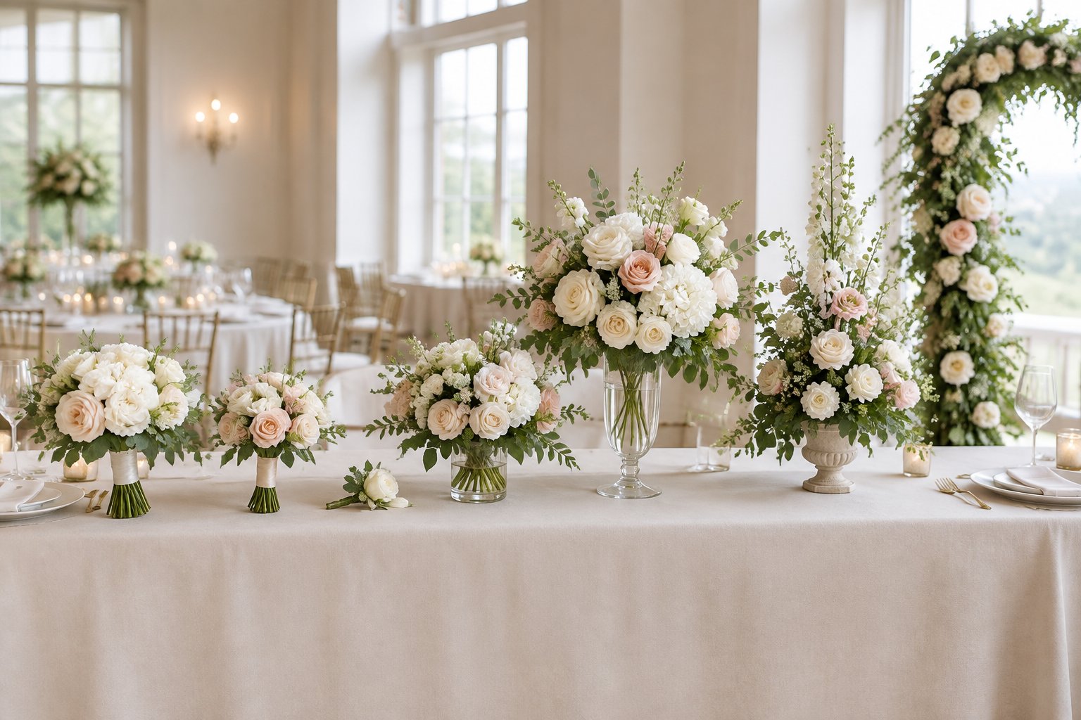 A selection of wedding flower arrangements displayed on a reception table, including bouquets, boutonnieres, centerpieces, and ceremony flowers.