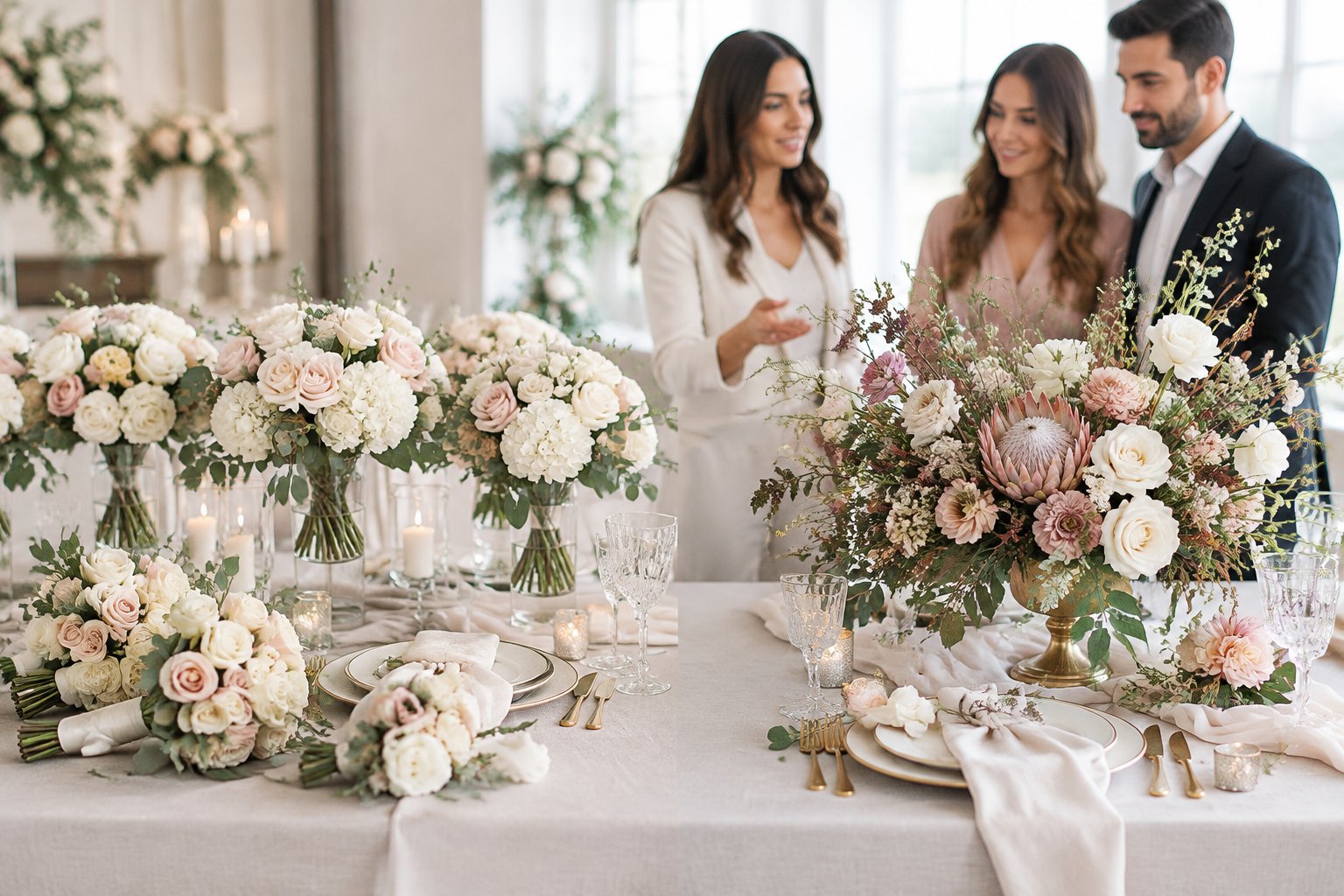 Two wedding floral arrangements are displayed side by side in an elegant event setting.
