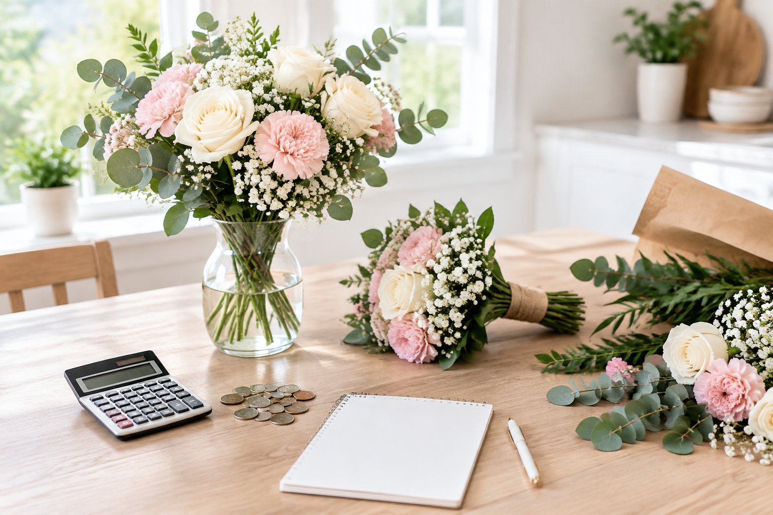 Budget-friendly wedding flowers arranged on a table beside a calculator and simple budgeting supplies.