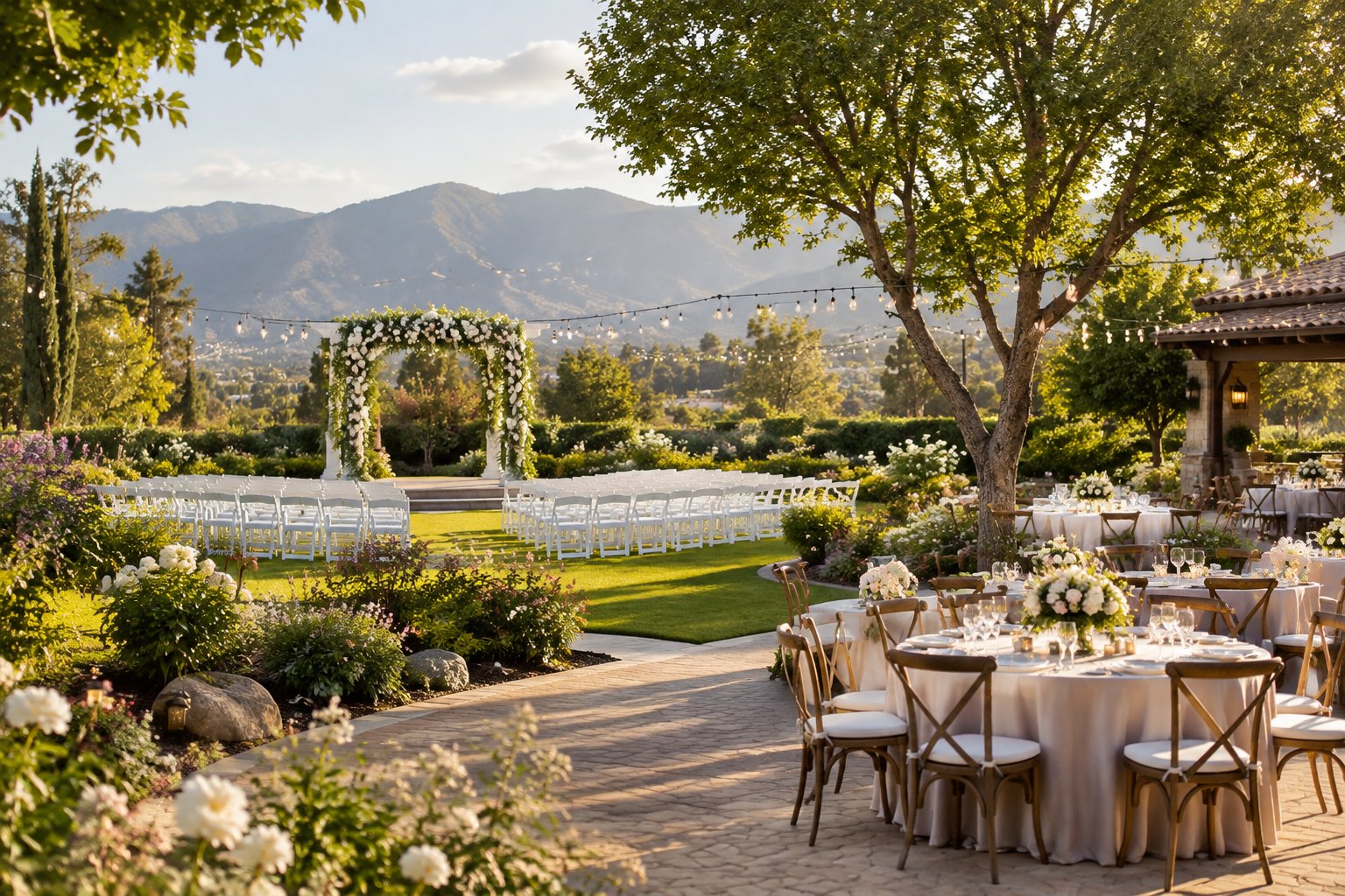 Elegant outdoor wedding venue with a floral ceremony arch, white chairs, landscaped gardens, reception tables, and distant mountains.