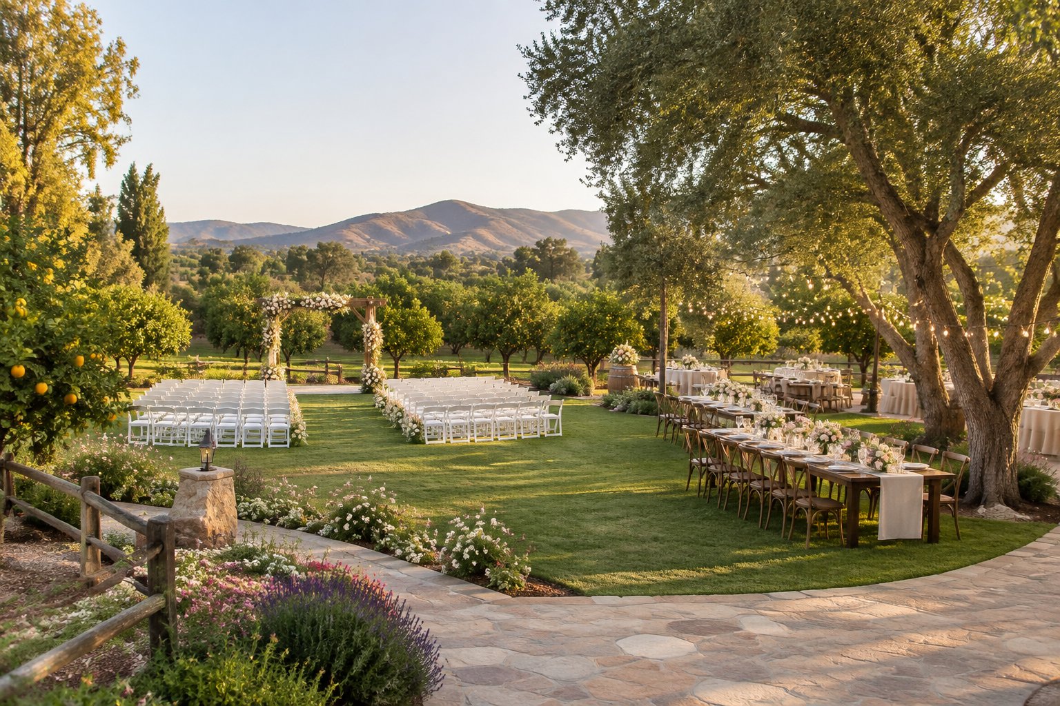 Elegant outdoor wedding ceremony and reception in a flowering orchard garden near rolling hills.