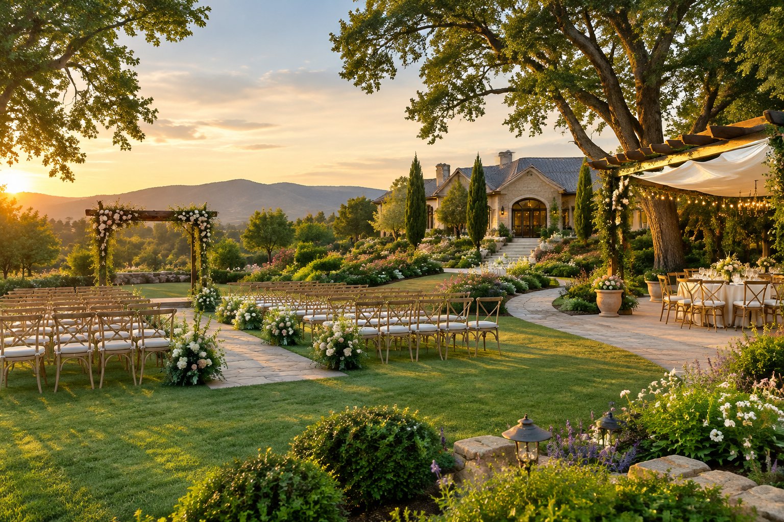 A landscaped garden wedding venue with seating, floral arrangements, and an elegant estate in the background.