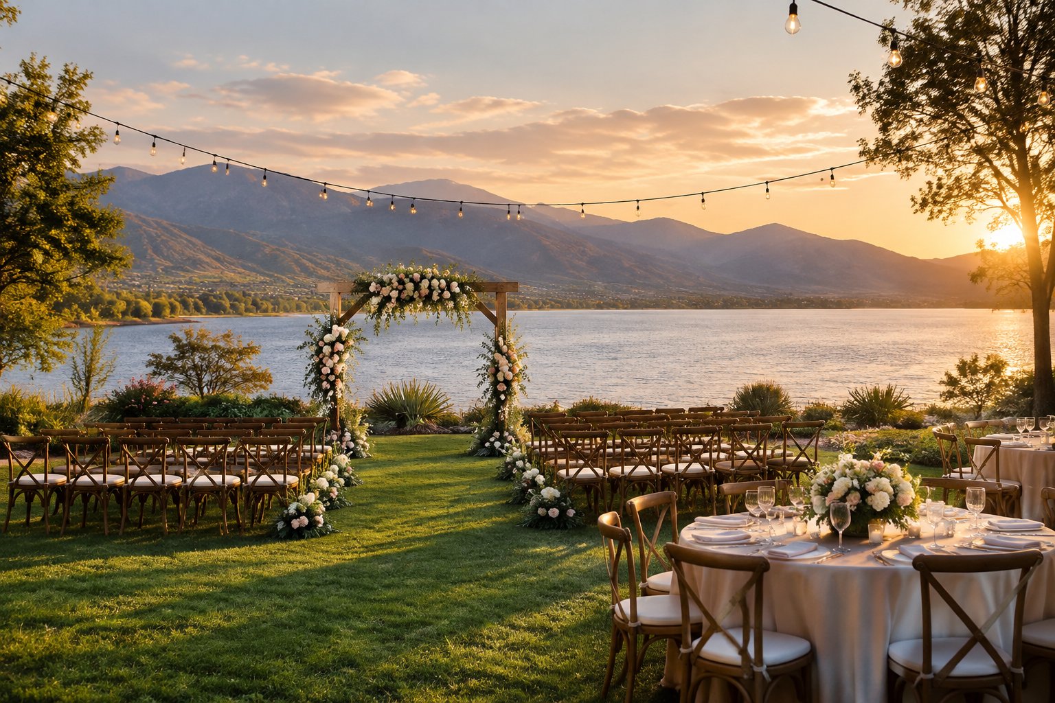 An elegant outdoor wedding setup beside a calm mountain lake with flowers, chairs, and reception tables.