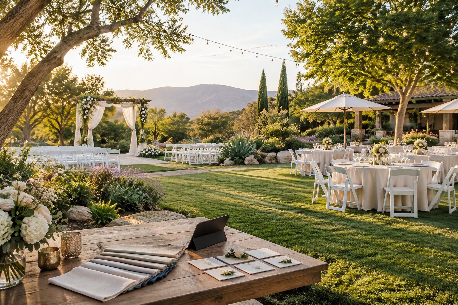 A landscaped garden wedding venue with a ceremony arbor, reception tables, flowers, and venue planning materials.