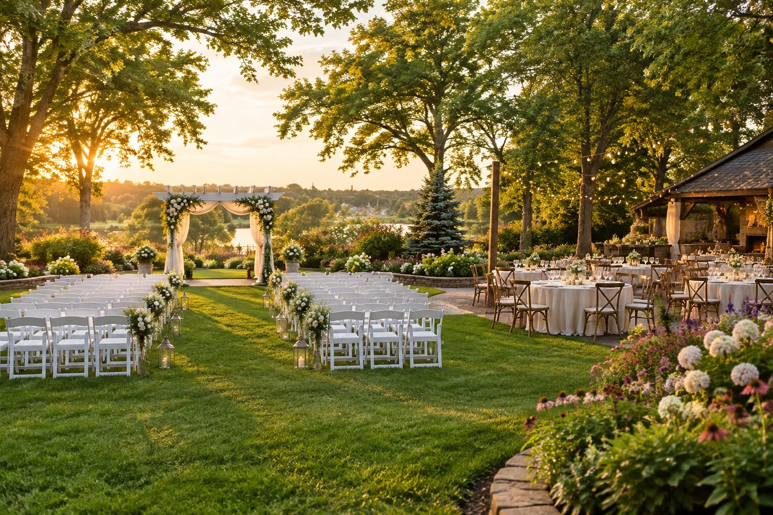 A landscaped garden wedding venue with flower beds, a white ceremony arbor, arranged chairs, and reception tables beneath mature trees.