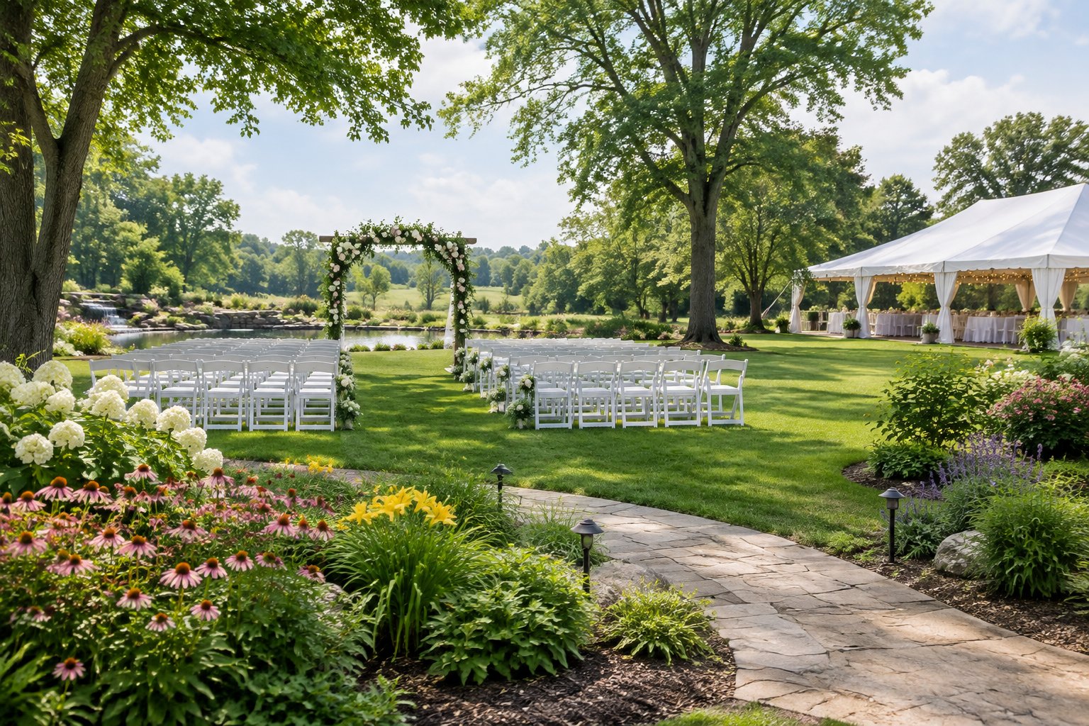 A landscaped garden wedding venue with a floral ceremony arch, white chairs, flower beds, trees, and a reception tent.
