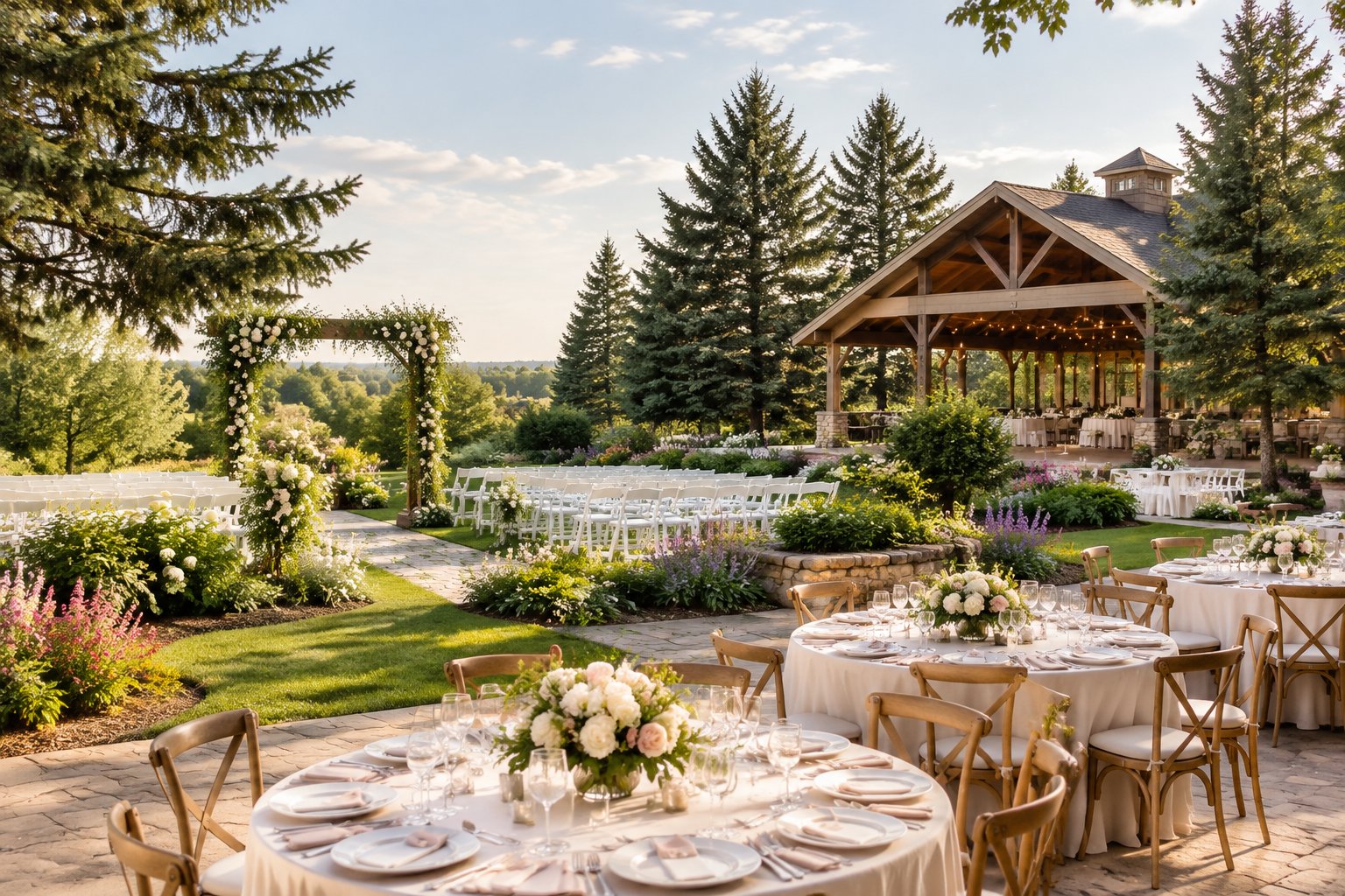 Garden wedding ceremony and reception setup surrounded by greenery, flowers, and spruce trees.