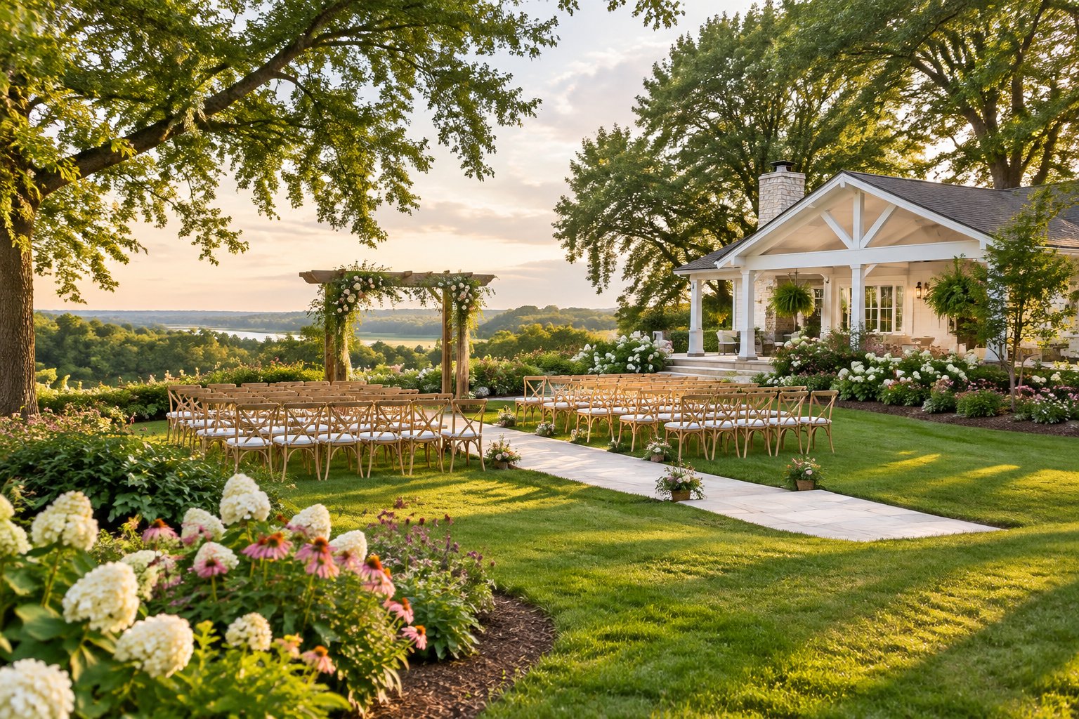 Outdoor wedding ceremony setup in a flowering garden beside an elegant venue.