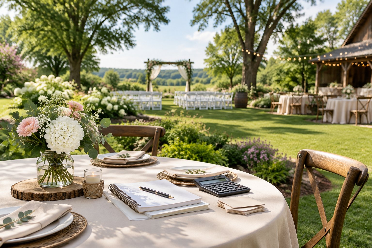 A garden wedding venue with decorated tables, ceremony chairs, and wedding planning items.