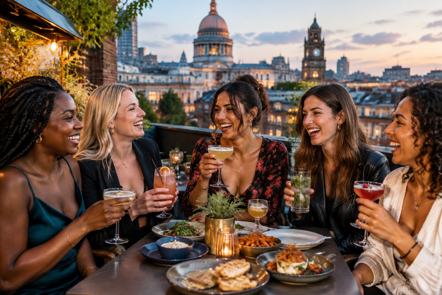 A diverse group of friends enjoying food and drinks together at a lively city restaurant terrace.