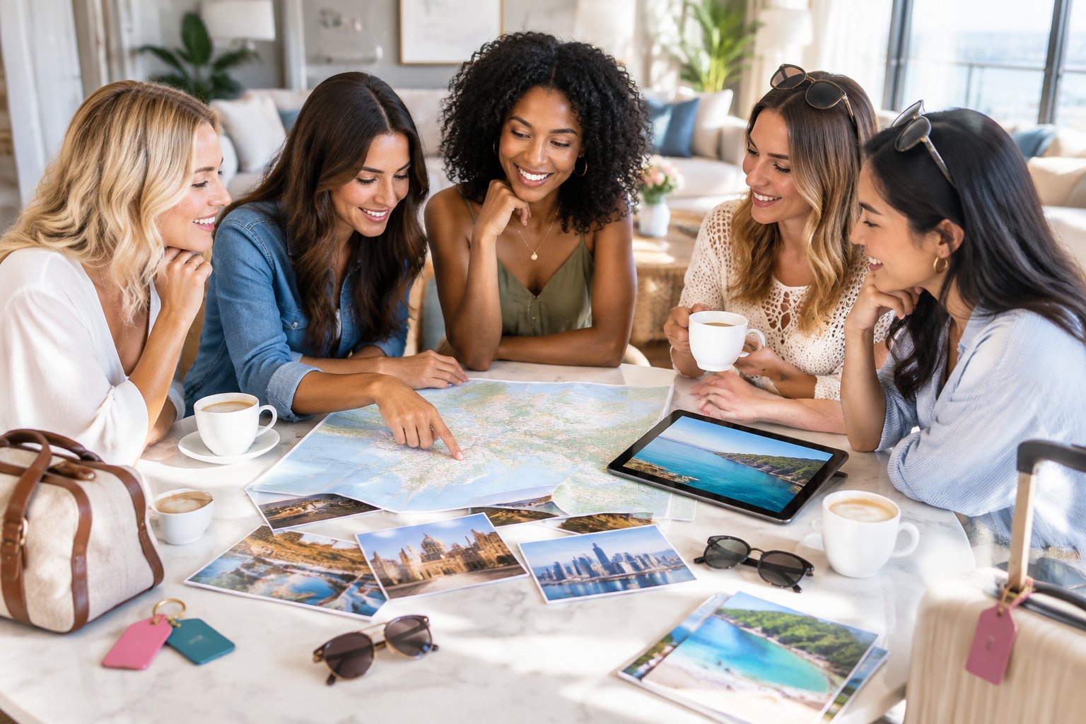A group of friends compares travel options around a table in a stylish holiday apartment.