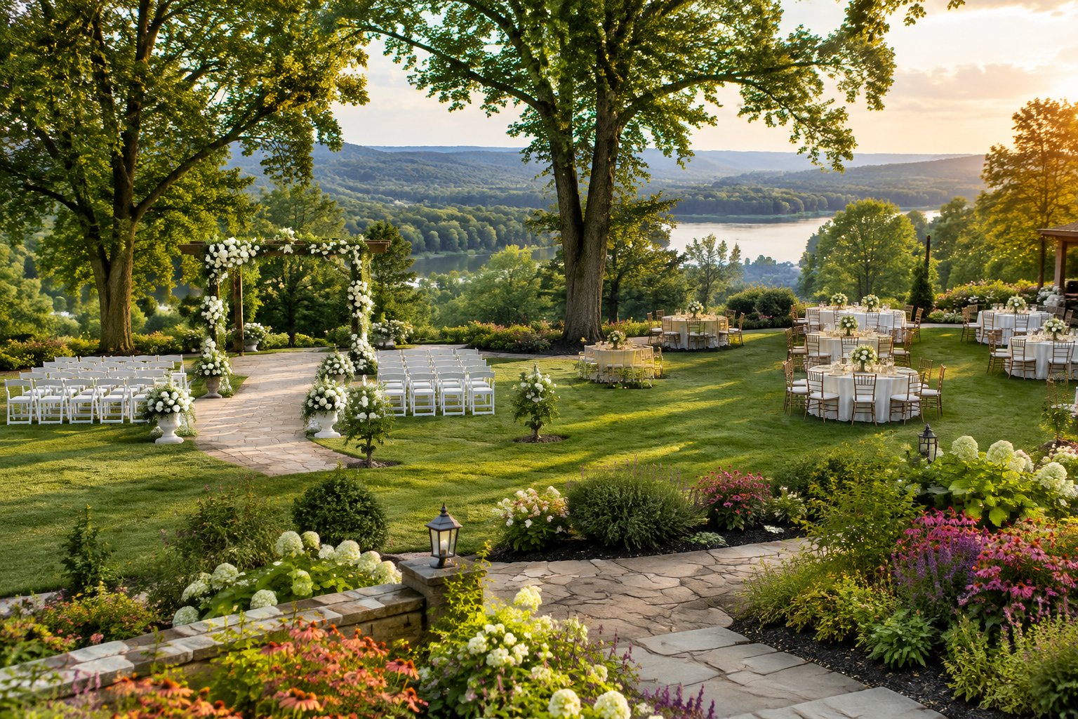 A landscaped garden wedding venue with flower beds, a ceremony arbor, and an outdoor reception area.