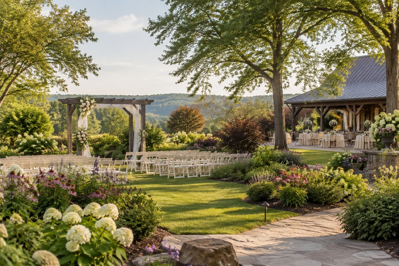A landscaped garden wedding venue with floral gardens, a decorated arbor, and rows of ceremony chairs.