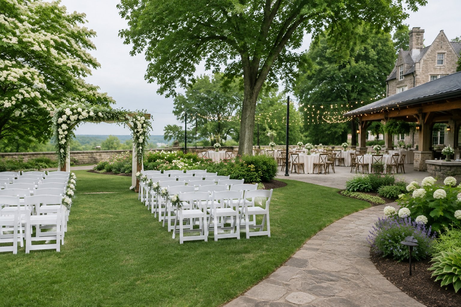 Outdoor garden wedding ceremony and reception spaces with white chairs, floral arbor, decorated tables, lawns, and mature trees.