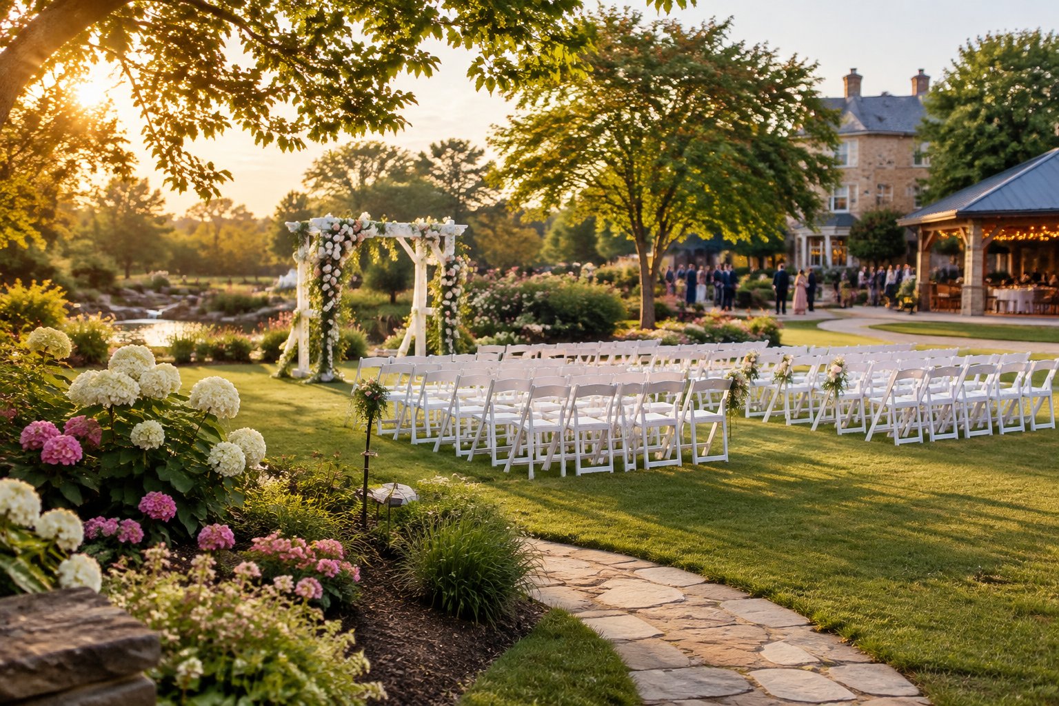 A landscaped garden wedding venue with a flower-covered ceremony arch, white chairs, and a historic building in the background.
