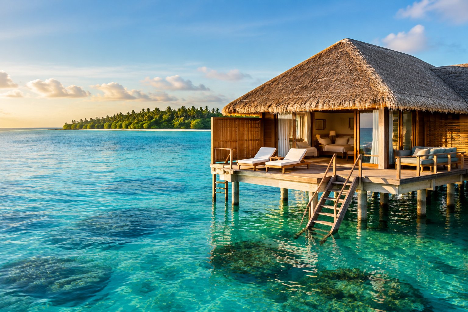 A luxurious overwater bungalow with a private deck sits above a calm turquoise tropical lagoon.