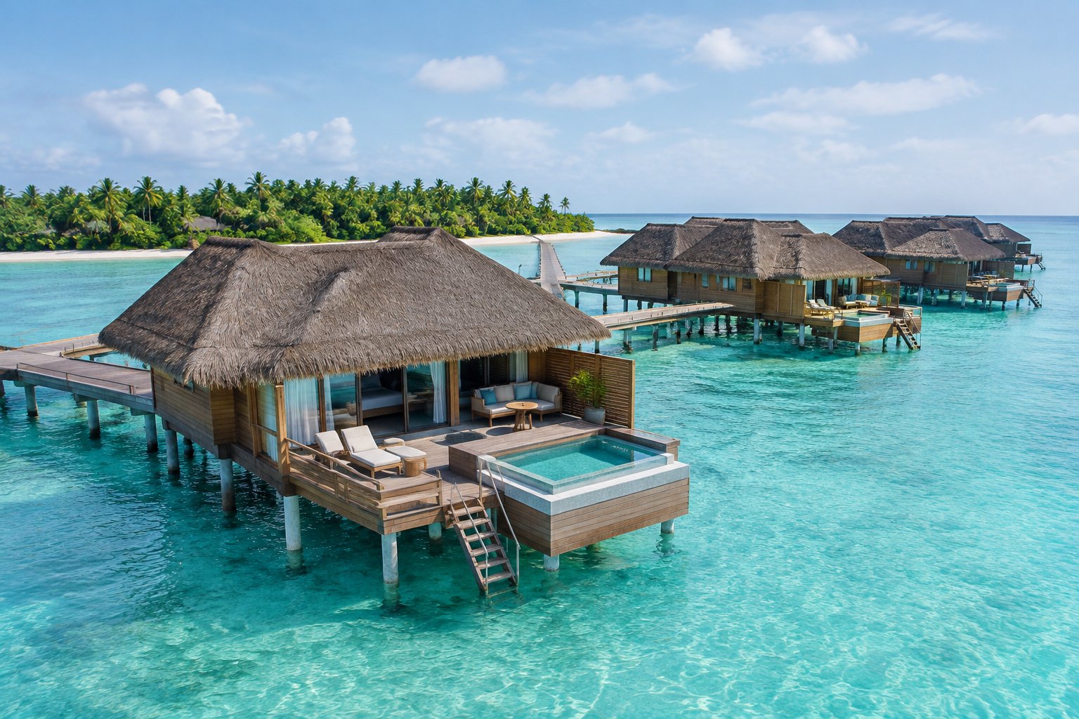 A luxurious overwater bungalow sits above a clear turquoise lagoon beside a tropical island.