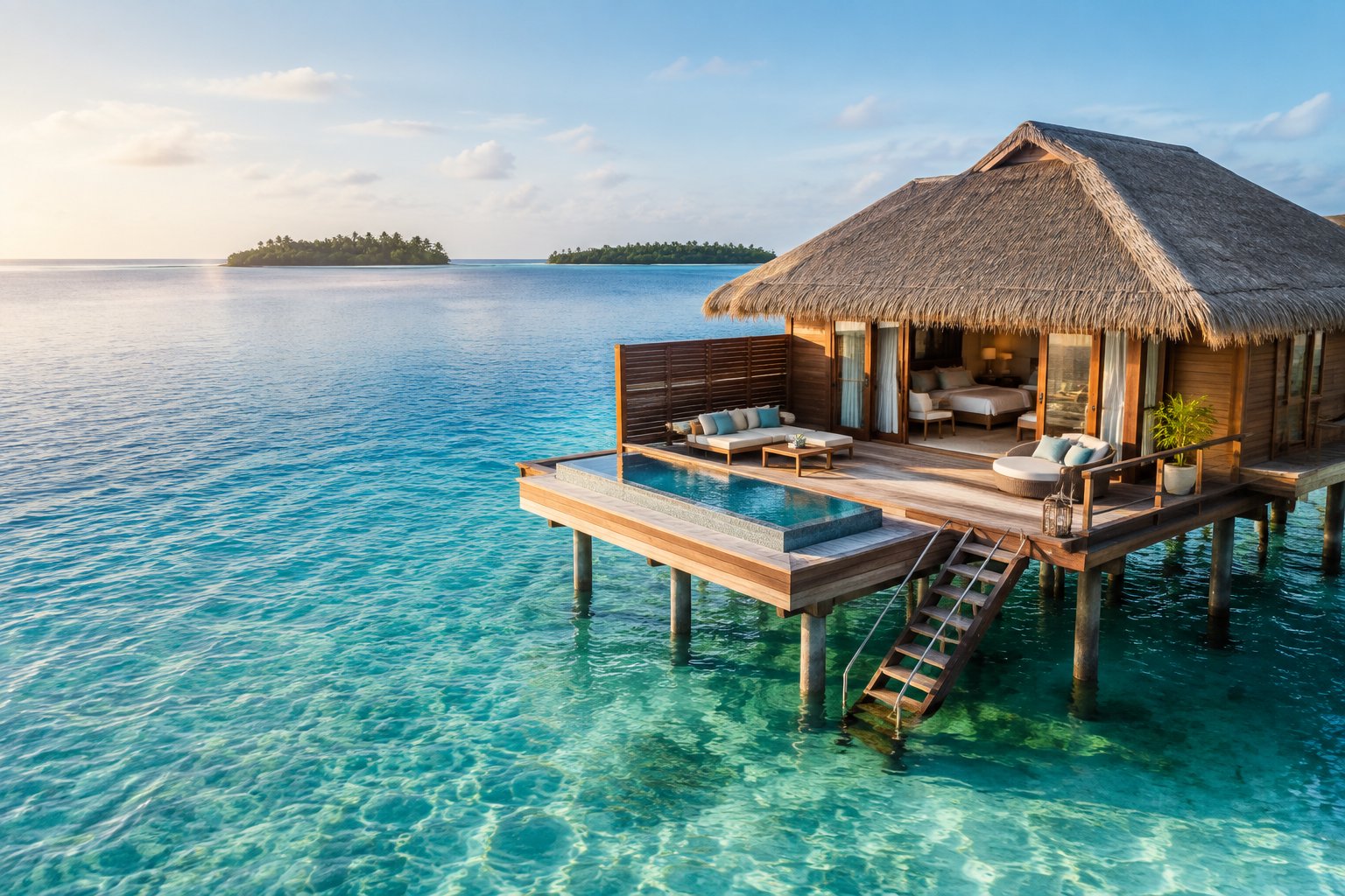 A luxurious overwater bungalow on a turquoise tropical lagoon with a private deck and distant palm-covered islands.