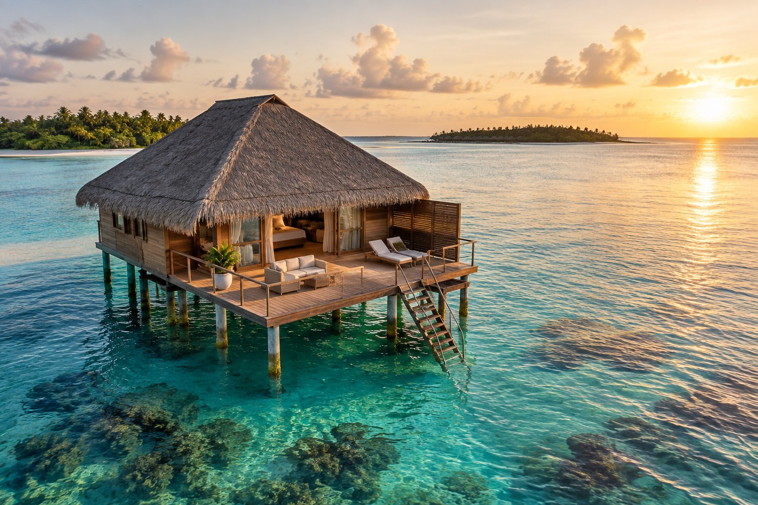 A luxurious overwater bungalow surrounded by clear turquoise lagoon water and distant tropical islands.