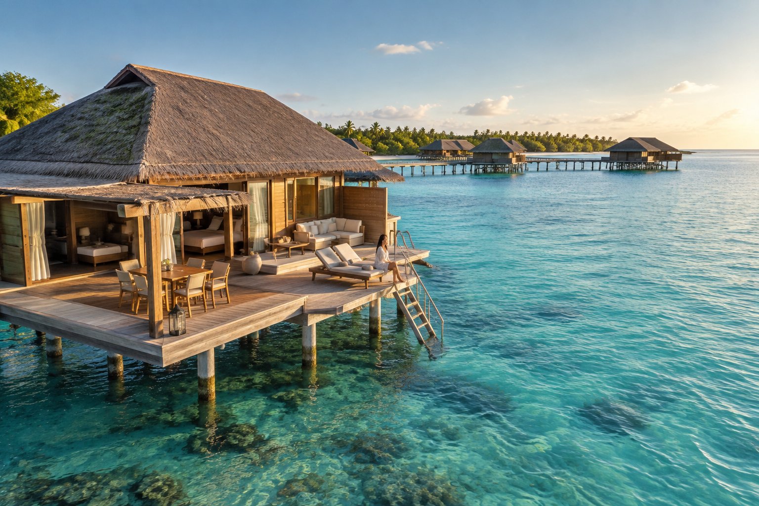 A private overwater villa with a furnished deck above a clear tropical lagoon.
