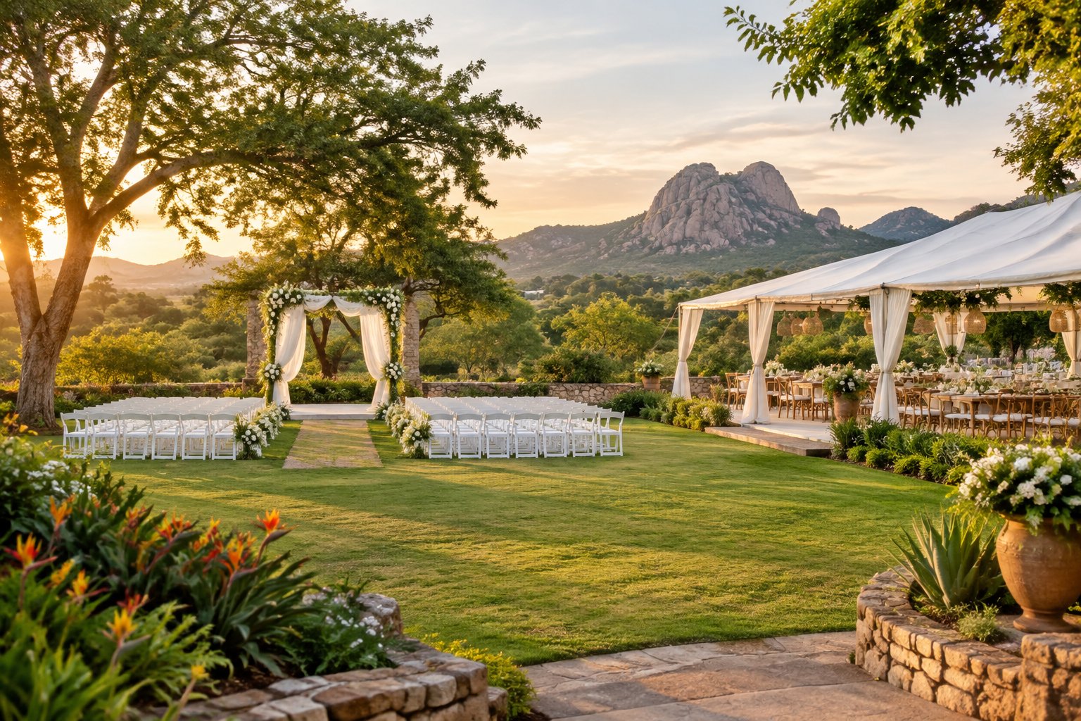 An elegant outdoor wedding ceremony and reception arranged in a lush garden with flowers, trees, white chairs, and distant rocky hills.