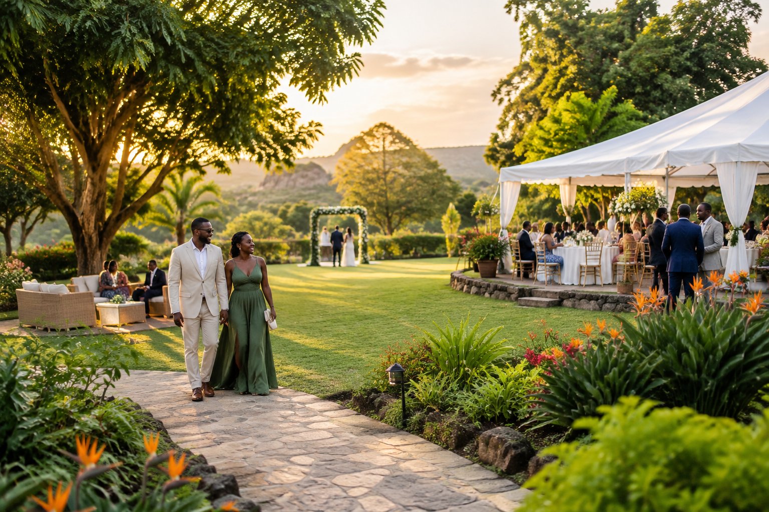 A couple and wedding guests enjoying an elegant outdoor garden venue surrounded by flowers, trees, and green lawns.
