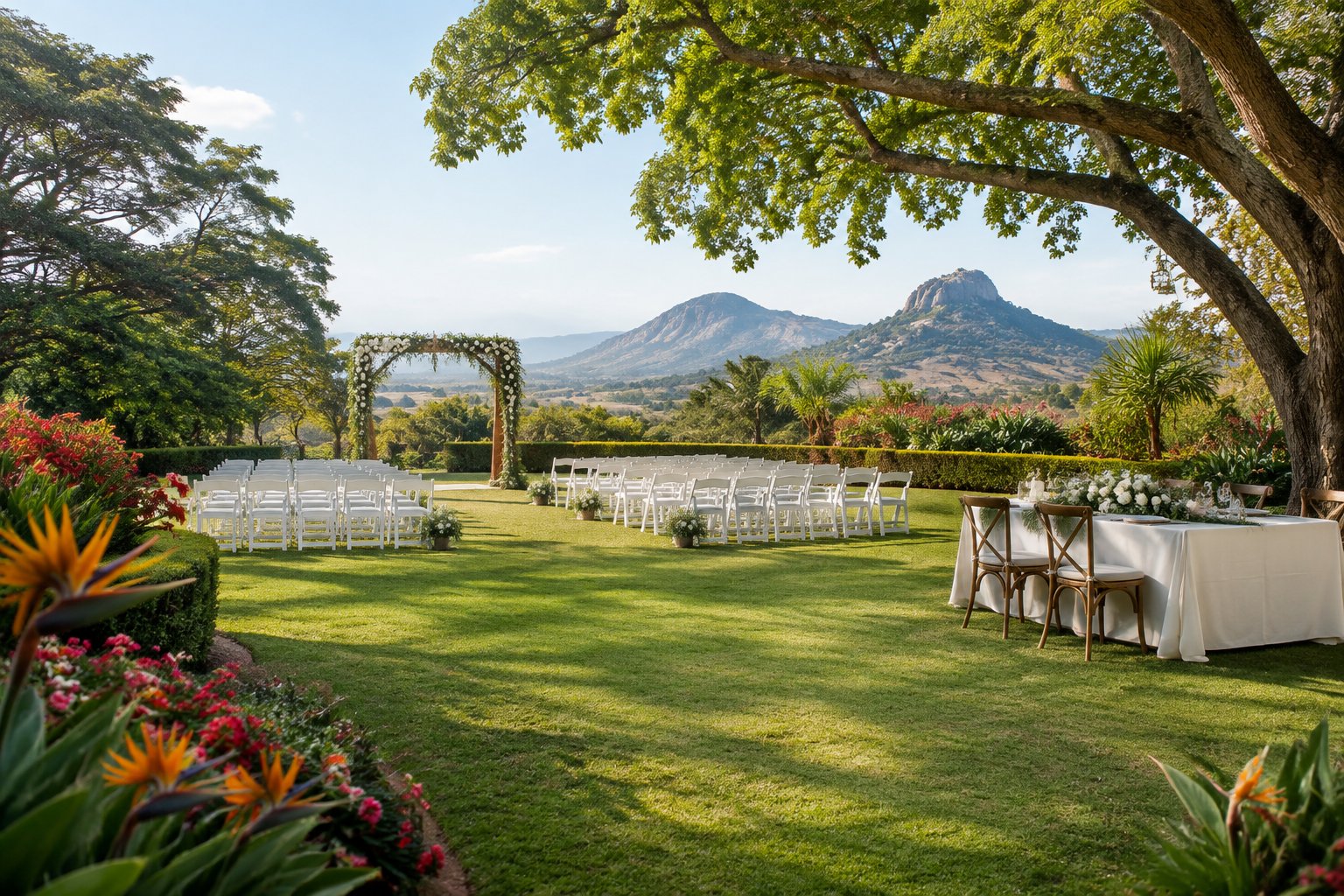 An elegant outdoor wedding setup in a lush Zimbabwean garden with flowers, trees, seating, and a floral ceremony arch.