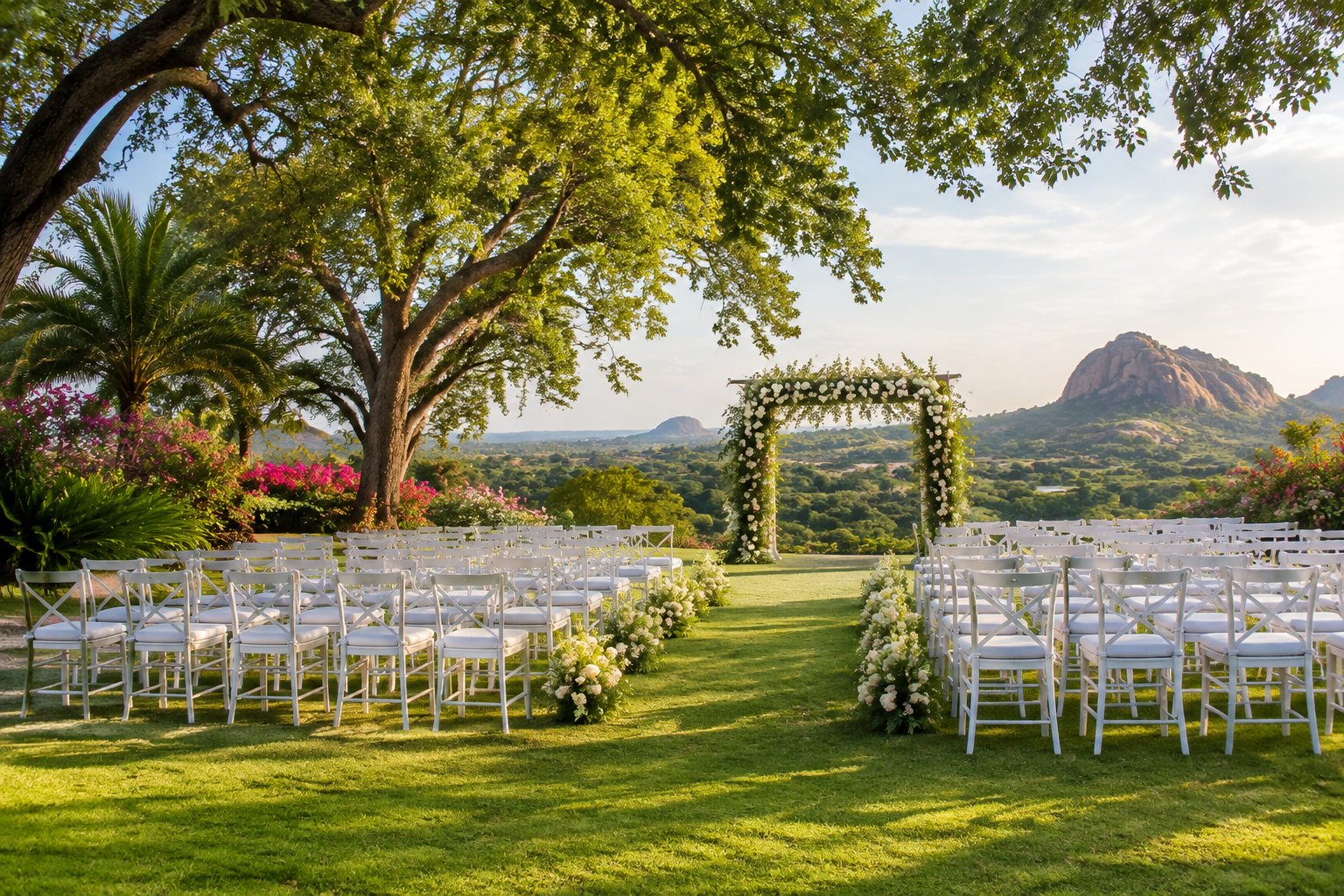 A landscaped garden wedding venue in Zimbabwe with chairs, a floral arch, trees, and distant countryside.