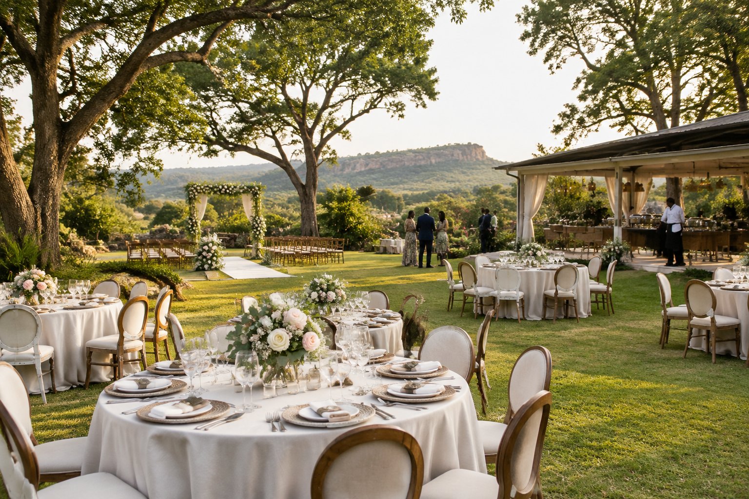 An elegant garden wedding reception arranged beneath trees at a Zimbabwean venue.