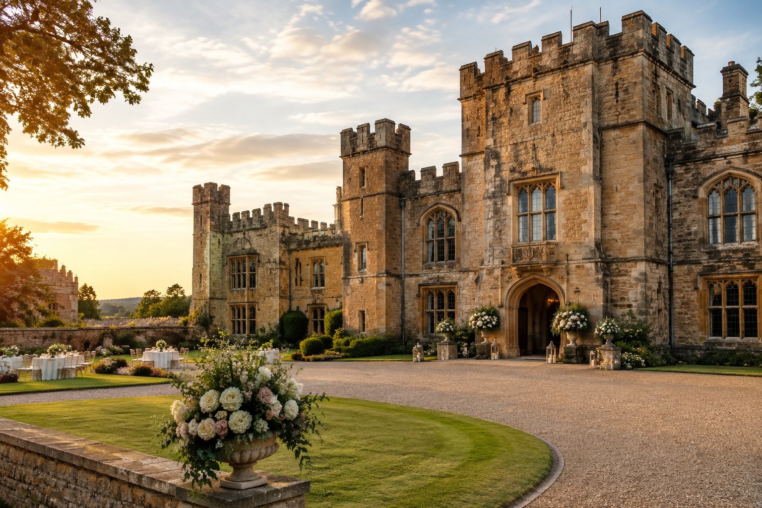 A historic stone castle wedding venue surrounded by manicured lawns and elegant floral decorations.
