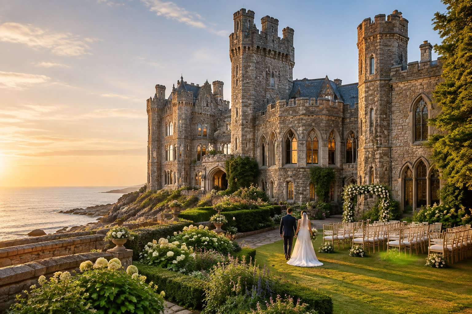A historic stone castle beside the coast with a landscaped garden and an outdoor wedding setup.