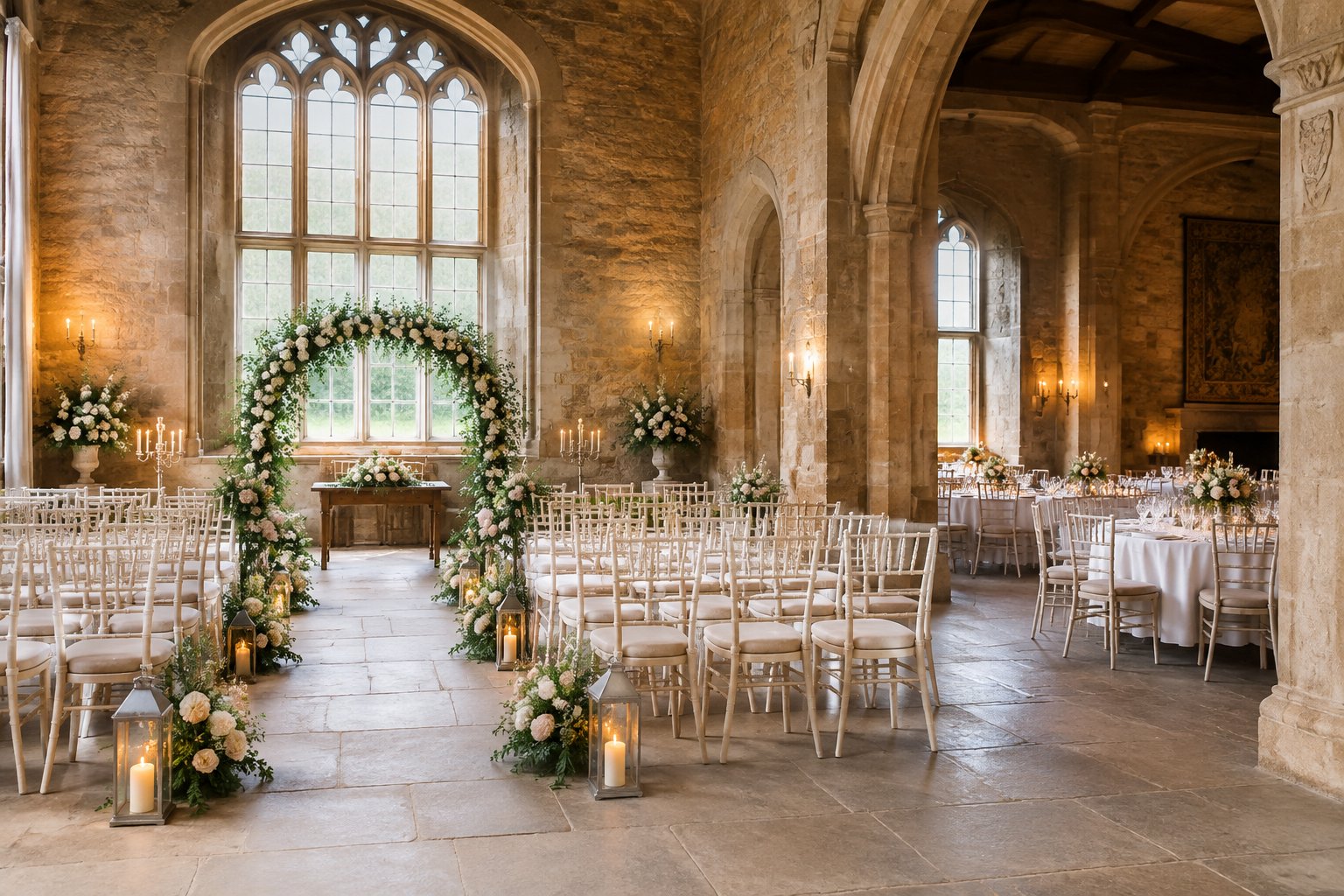 Elegant wedding ceremony and reception spaces inside a historic Gloucester castle.