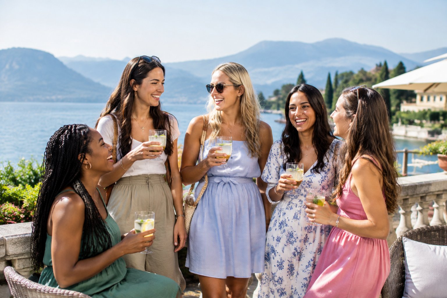 A group of friends celebrating together at a scenic destination terrace.