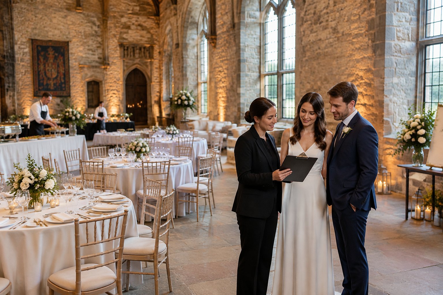 A couple meets with a venue coordinator beside a decorated wedding reception table in a historic castle hall.