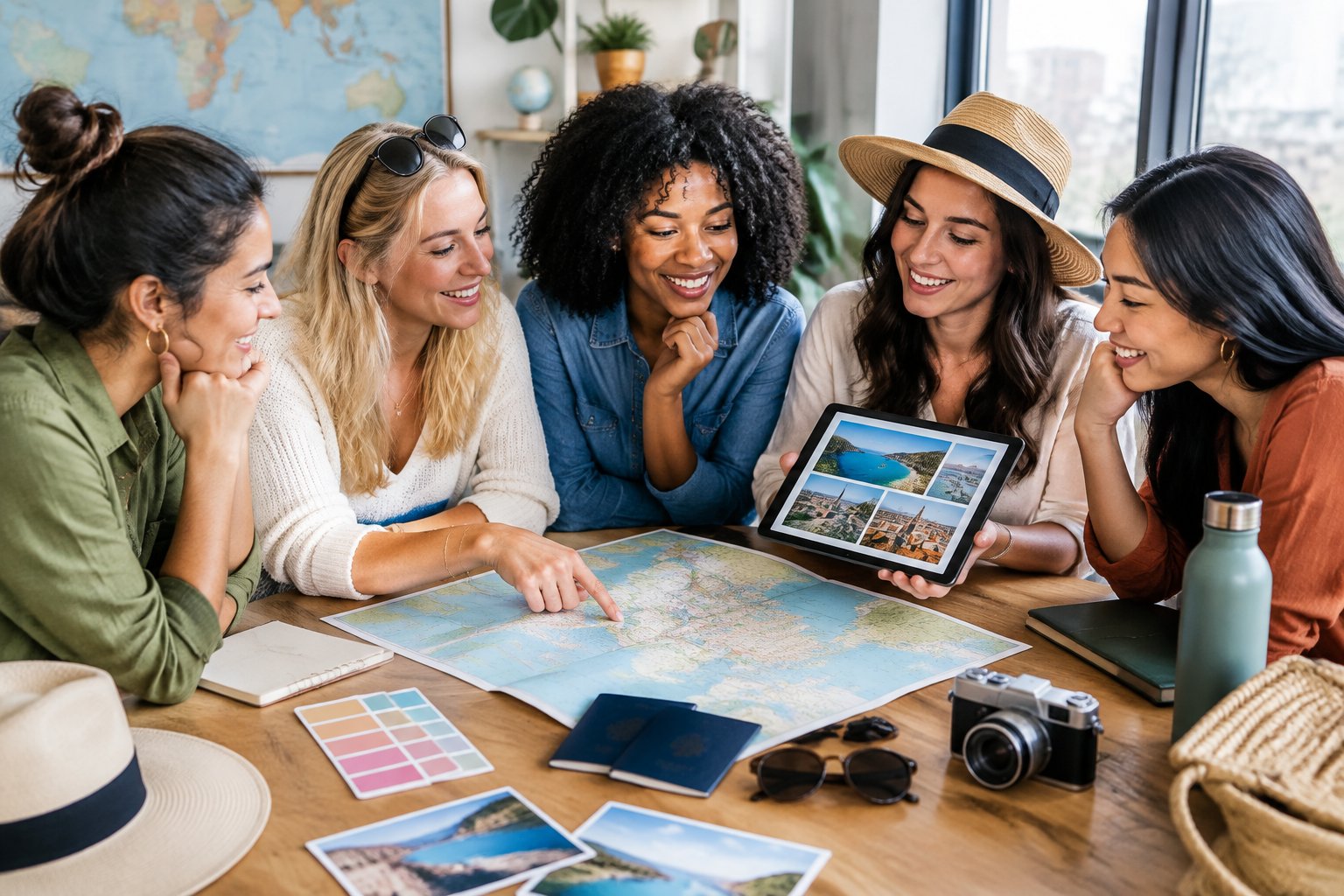A group of friends compares travel options while planning a hen party.