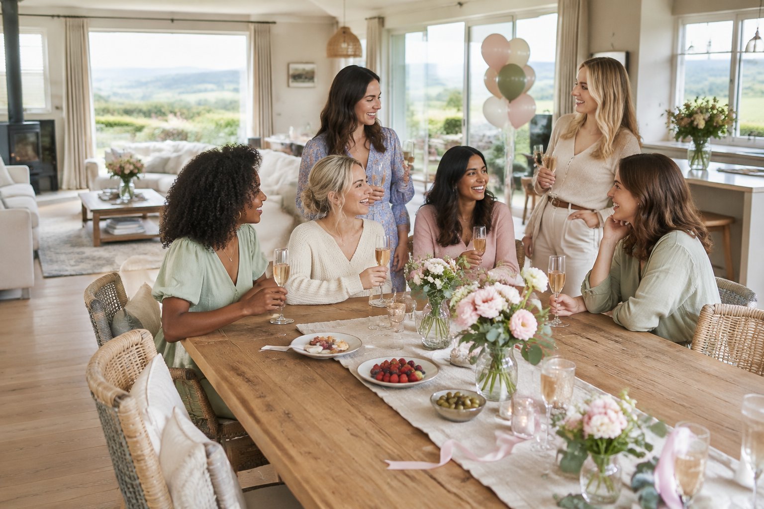 A group of women friends celebrating together in a spacious countryside holiday cottage.